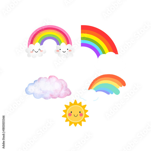 Colorful Summer trendy rainbows vector illustrations. Rainbows and doodles collection. Boho style weather graphics with rainbows, raincloud and the sun isolated on a white background
