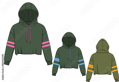 Vector technical flat sketch of women cropped hoodie featuring raw hem, sleeve stripes, drawstring hood, front and back views, set for fashion design templates.