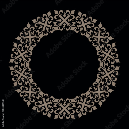 Striking circular frame in a gold against a black background. The design features repeating ornate crosses and fleur-de-lis elements, creating a classic and elegant motif