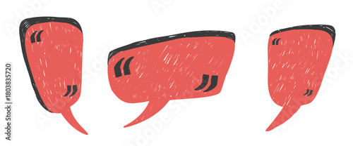 Red quote cloud boxes. Speech bubbles with quotation marks. Hand drawn crayon text boxes frames set. Chalk crayon feedback callout textured shapes. Vector text balloons testimonial isolated no bg.