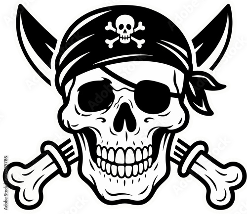 Black and White Pirate Skull with Eyepatch, Bandana, Crossed Bones, and Swords