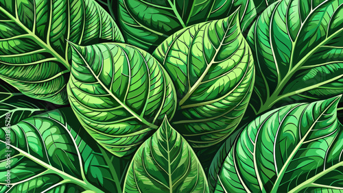 Close-up illustration of lush green leaves with pronounced vein networks, detailed layered leaf structure, vibrant natural texture