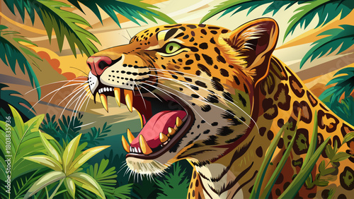 A high-resolution wildlife composition of a leopard yawning, emphasizing realistic textures, sunlight reflections, and lifelike details in a natural habitat setting