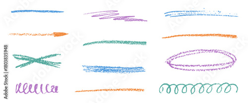 Hand drawn underlines. Chalk brush strokes set. Pencil or crayon rough lines. Kids textured emphasis, straight stripe, freehand text decoration shapes. Vector crayon oval frame, dividers isolated.
