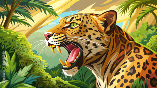 A high-resolution wildlife composition of a leopard yawning, emphasizing realistic textures, sunlight reflections, and lifelike details in a natural habitat setting