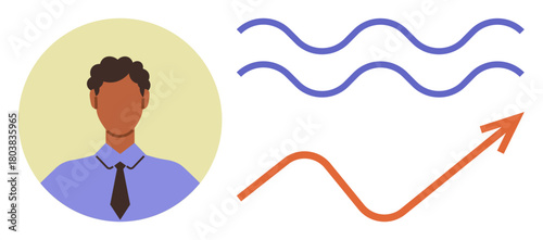 Man in a business shirt and tie alongside upward arrow, wavy lines indicating analysis, success, progress. Ideal for business, personal branding, growth strategy, data analysis, leadership career