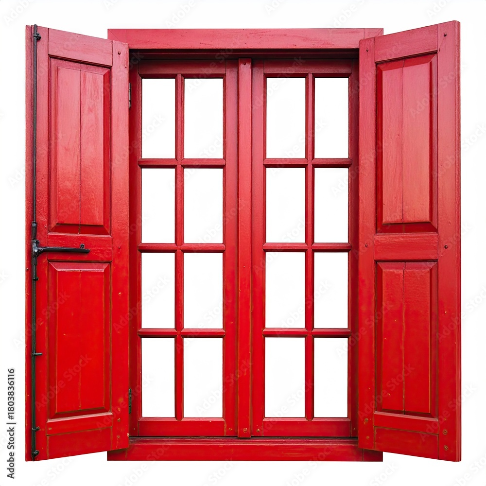 Obraz premium Red Wooden Window with Open Shutters - A Classic Architectural Detail.