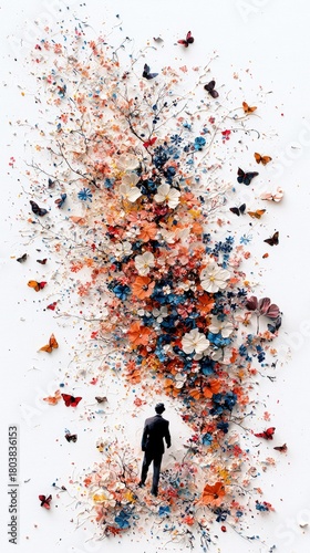 A man in a dark suit faces away from the camera, looking at a dynamic cascade of colorful flowers and fluttering butterflies.