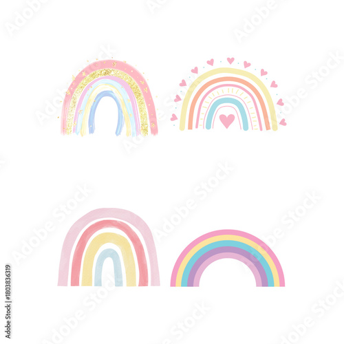 Colorful Summer trendy rainbows vector illustrations. Rainbows and doodles collection. Boho style weather graphics with rainbows, raincloud and the sun isolated on a white background