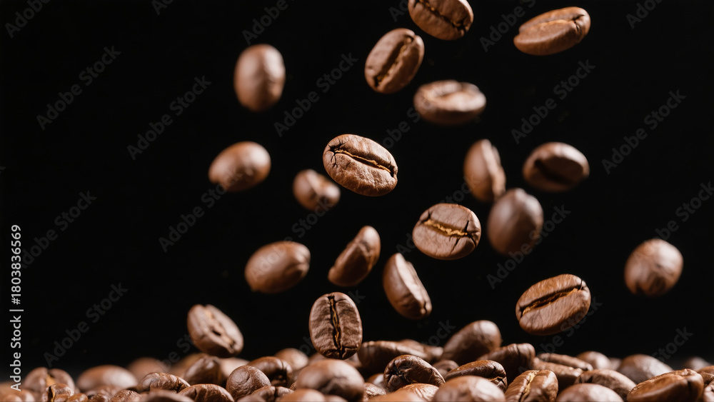 Obraz premium Coffee beans in mid air against black background