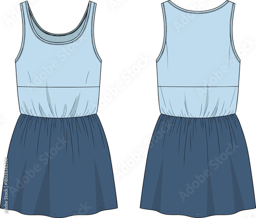 Vector technical flat sketch of women sleeveless dress featuring scoop neck, elastic waist, two tone blue color, front and back views for fashion apparel design.