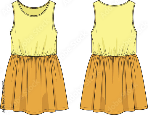 Vector technical flat sketch of women sleeveless dress featuring front and back views, gathered waist, yellow and orange color for fashion apparel design templates.