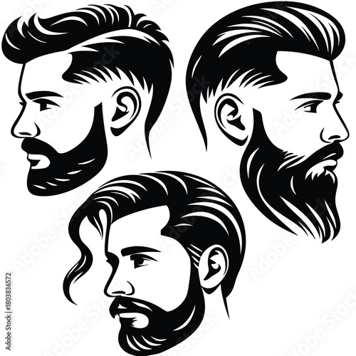 Three bearded men sport different stylish haircuts in this bold monochrome illustration