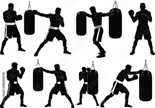 Boxer training with punching bag, fighting stances, gloves, sports fitness, combat exercise flat vector illustration