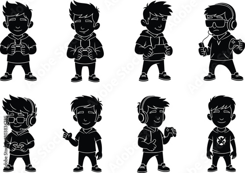 Boy gamer silhouettes with controller, headset, glasses, gaming poses, esports lifestyle, cartoon character illustration, flat vector