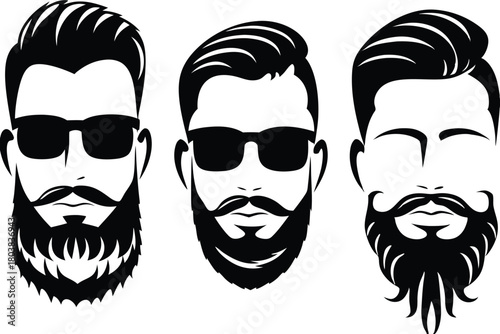 Three bearded men sport trendy hairstyles and sunglasses with bold black silhouettes