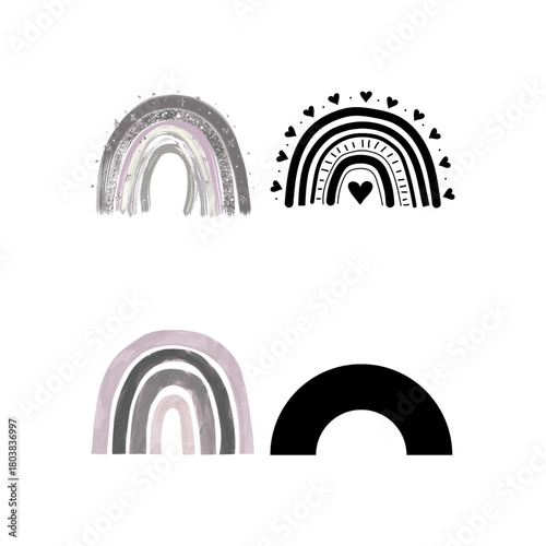 Colorful Summer trendy rainbows vector illustrations. Rainbows and doodles collection. Boho style weather graphics with rainbows, raincloud and the sun isolated on a white background