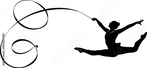 Black silhouette of a rhythmic gymnast in mid-air performing a split leap with pointed toes