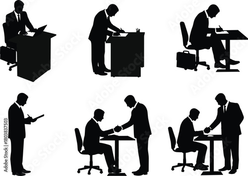 Business professionals in office working on laptop, writing, handshake agreement, teamwork, corporate meeting, workplace culture, flat vector