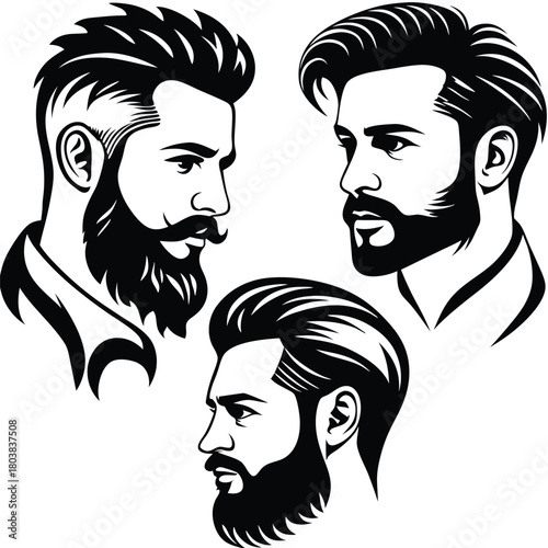 Three bearded men with diverse stylish haircuts in striking black and white contrast