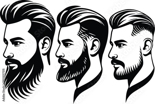 Three bearded men showcase diverse hairstyle and beard styles in monochrome silhouette portraits