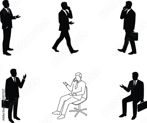 Business professionals in various poses, walking, seated, gesturing, leadership, teamwork, office communication, corporate lifestyle, flat vector