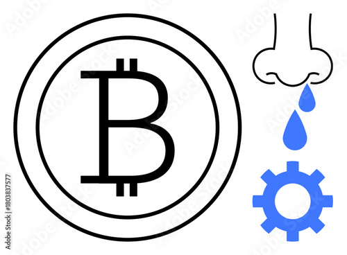 Bitcoin coin and dripping nose combined with a blue gear. Ideal for finance, technology, innovation, health, cryptocurrency, digital transformation, problem-solving. A simple flat metaphor