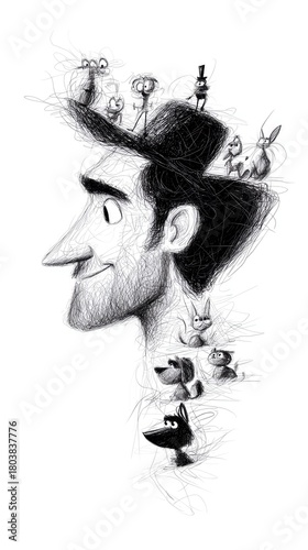 A black and white sketch of a man's profile with various cartoonish creatures, including dogs, rabbits, and small figures, perched on his hat and hair.