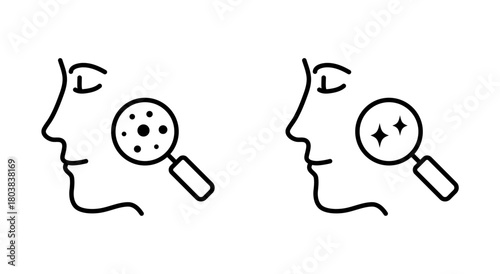 Face with magnifying glass icon, editable stroke. Problem skin and dermatology examination: acne and glossy skin. Before and after beauty treatment