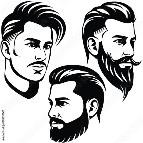 Three black and white drawings depict stylish men with various hair and beard styles