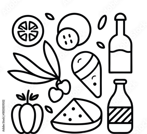 Wine bottle, grape, and fruit vector illustration set for food and drink menu design