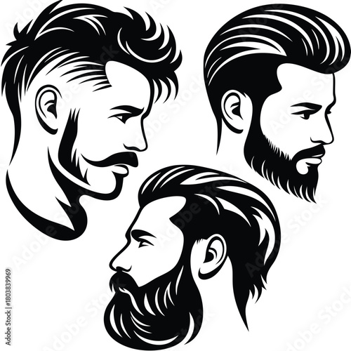 Three different handsome men sport elegant hairstyles and full beards in a black style