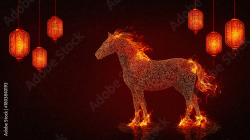 A fiery horse silhouette stands against a dark background, surrounded by glowing red lanterns. The scene symbolizes celebration and the Chinese New Year.