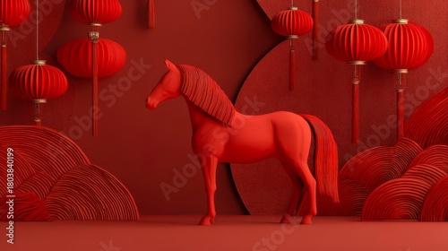 A red horse sculpture stands in a festive setting adorned with red lanterns and decorative elements, symbolizing Chinese New Year celebrations.