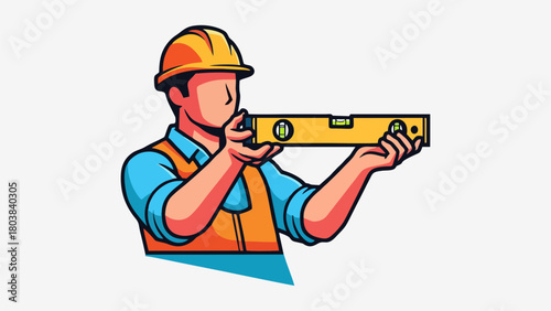 Construction Worker with Level Tool Quality Control and Precision