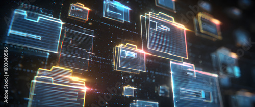 Ai Futuristic holographic interface of a file manager, folder structure with documents and data scanning, digital document storage software, cloud database, search and manage documents, paperless