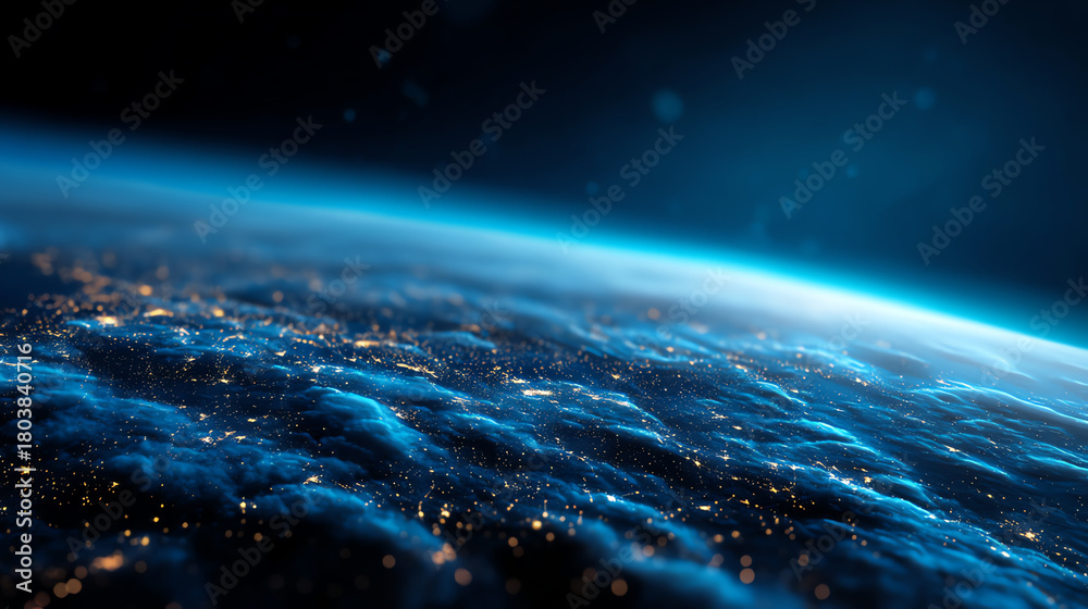 Fototapeta premium A stunning view of Earth from space, showing city lights glowing through a layer of clouds against the dark backdrop of the atmosphere and outer space