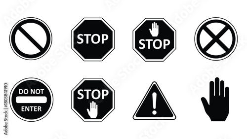 Warning and prohibition sign icons set for safety and stop alerts