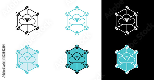 Cloud hub connection icon for internet services and online networking in line and fill style