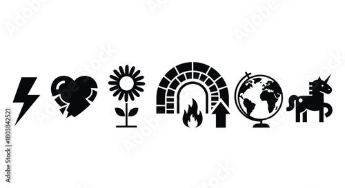 Bold icons represent concepts like energy, heartbreak, nature, progress, world, and fantasy