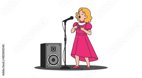 Young singer performs passionately on stage with microphone and speaker