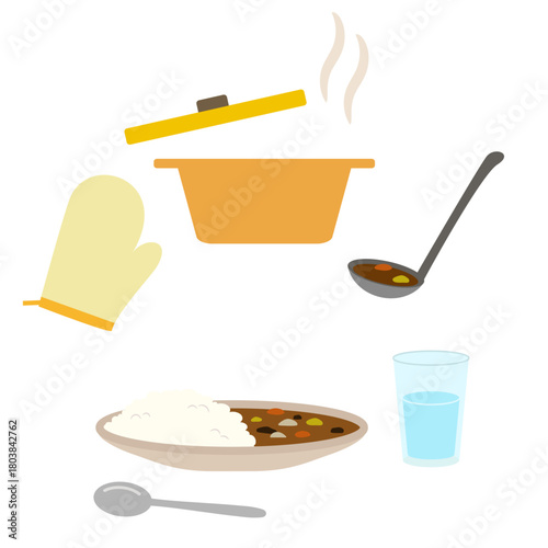 調理器具とカレーのイラスト素材セット