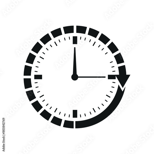 A black and white illustration of a clock with an arrow indicating time passing or a cycle repeating