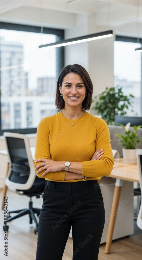 Fototapeta premium Business professional confidently poses in modern office space with bright natural light during work hours