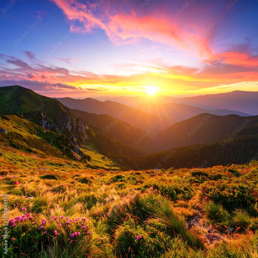 Fototapeta premium A vibrant sunset casts a golden glow over a mountain range, with grassy foreground and colorful sky