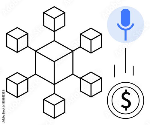 Blockchain network structure connecting nodes, microphone icon representing voice input, and dollar icon symbolizing monetary transactions. Ideal for blockchain, finance, technology, voice control
