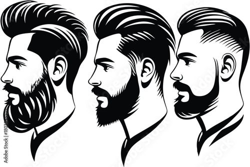 Three monochrome bearded men show different stylized haircuts and beards in profile