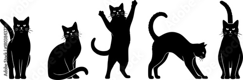  black cat silhouettes in a single horizontal row on a pure white background. Minimalist vector style