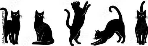  black cat silhouettes in a single horizontal row on a pure white background. Minimalist vector style