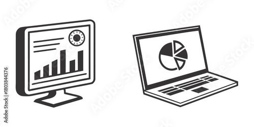 Illustration of a desktop computer displaying a bar graph and a laptop showing a pie chart